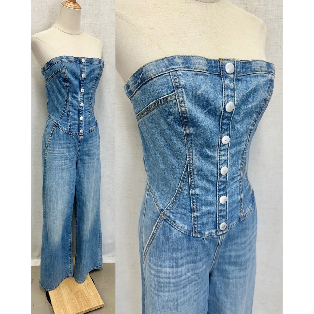 Pilcro Strapless Denim Corset Jumpsuit‎ Womens 6 Light Blue Wide Leg Corset - Picture 8 of 16